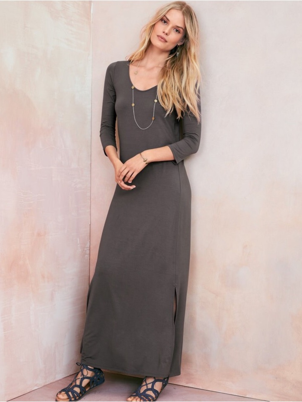 Garnet Hill Essential Three-Quarter-Sleeve Maxi Dress